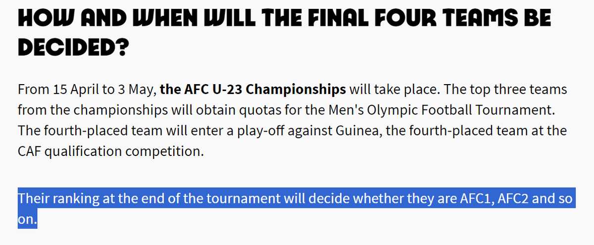 Abis cek website ofisial 🇫🇷Olympiade 2024 Keterangan disana serupa dengan yang Mindos katakan disini terkait penentuan wakil Asia (AFC) di Fase Grup Cabang Sepakbola Pria 🇫🇷Olimpiade 2024 ✅️ Berdasarkan peringkat akhir 🇶🇦Piala Asia U23 2024 bukan berdasarkan performa turnamen