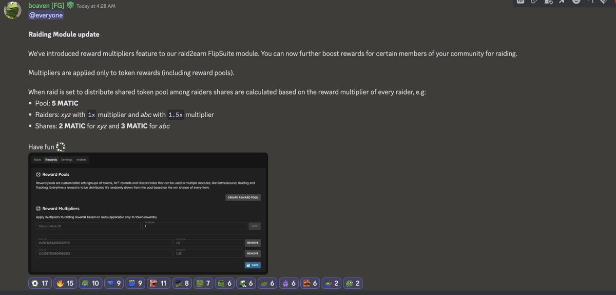 flipsuitexyz's tweet photo. 🚀  Raiding Module Update!

Reward roles with a raiding multiplier, incentivizing members to obtain various roles in your server, all part of the Raid2Earn module for FlipSuite!

🟦  Make sure to join our discord server to catch important updates early (check our bio), like the one below  👇