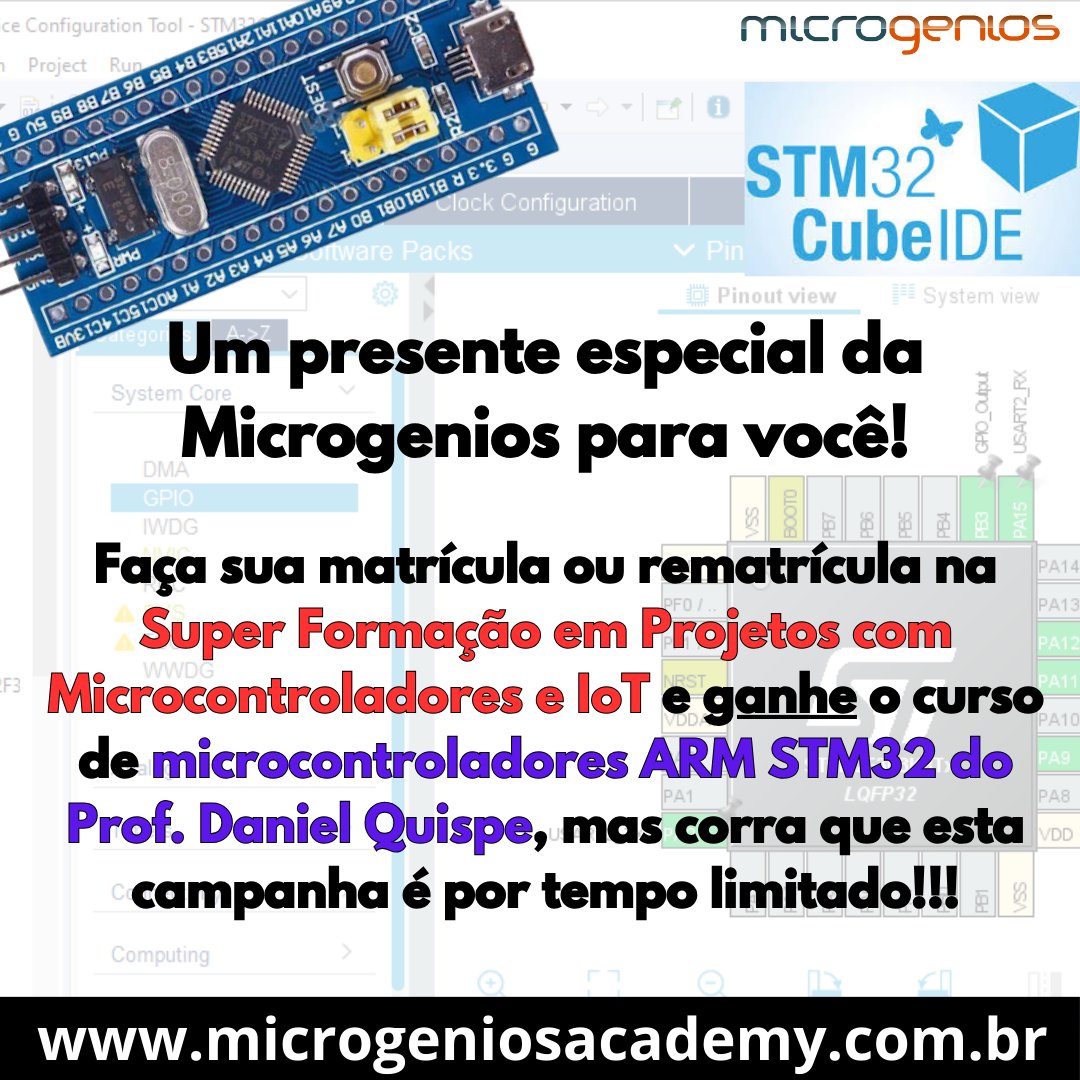 microgenios's tweet photo. Presente Especial! Ganhe o curso de ARM STM32, basta fazer sua matrícula ou rematrícula da Super Formação em Microcontroladores e IoT: https://t.co/94WgOOkEeH
#ARM #ARMCortex #Microcontrolador #MicrogeniosAcademy #microgenios #IoT #ESP32 #STM32 #PIC #Arduino #RaspberryPi https://t.co/PA3W5hshHO