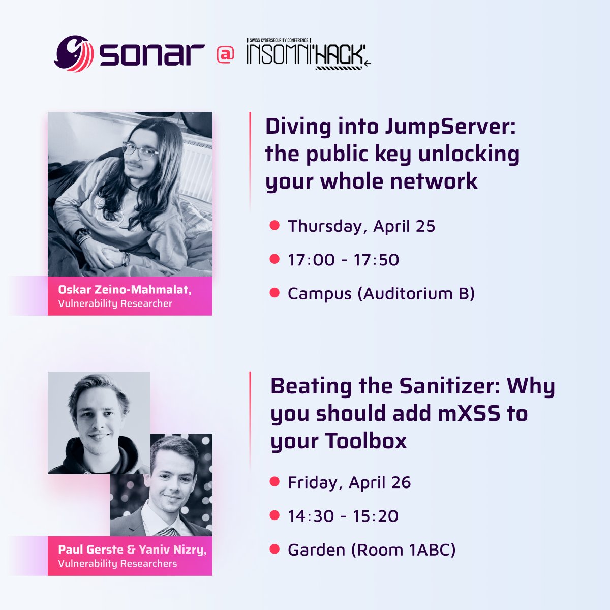 Heading to Lausanne for #Insomnihack? Meet our team there; we're presenting two talks: 🔓 Finding vulnerabilities in JumpServer 🧹 Bypassing HTML Sanitizers with mXSS Excited to see you there!