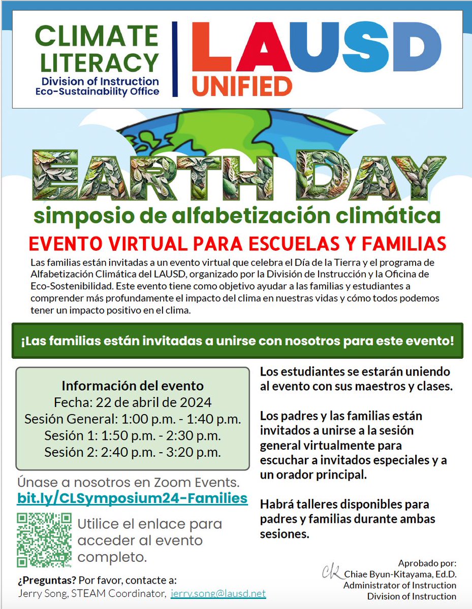 Únase a nosotros a la 1 p. m. para nuestro Simposio de Alfabetización Climática. Este evento espera ayudar a las familias y los estudiantes a comprender mejor el impacto del clima en nuestras vidas. Para más detalles, consulte el folleto. #día de la🌎