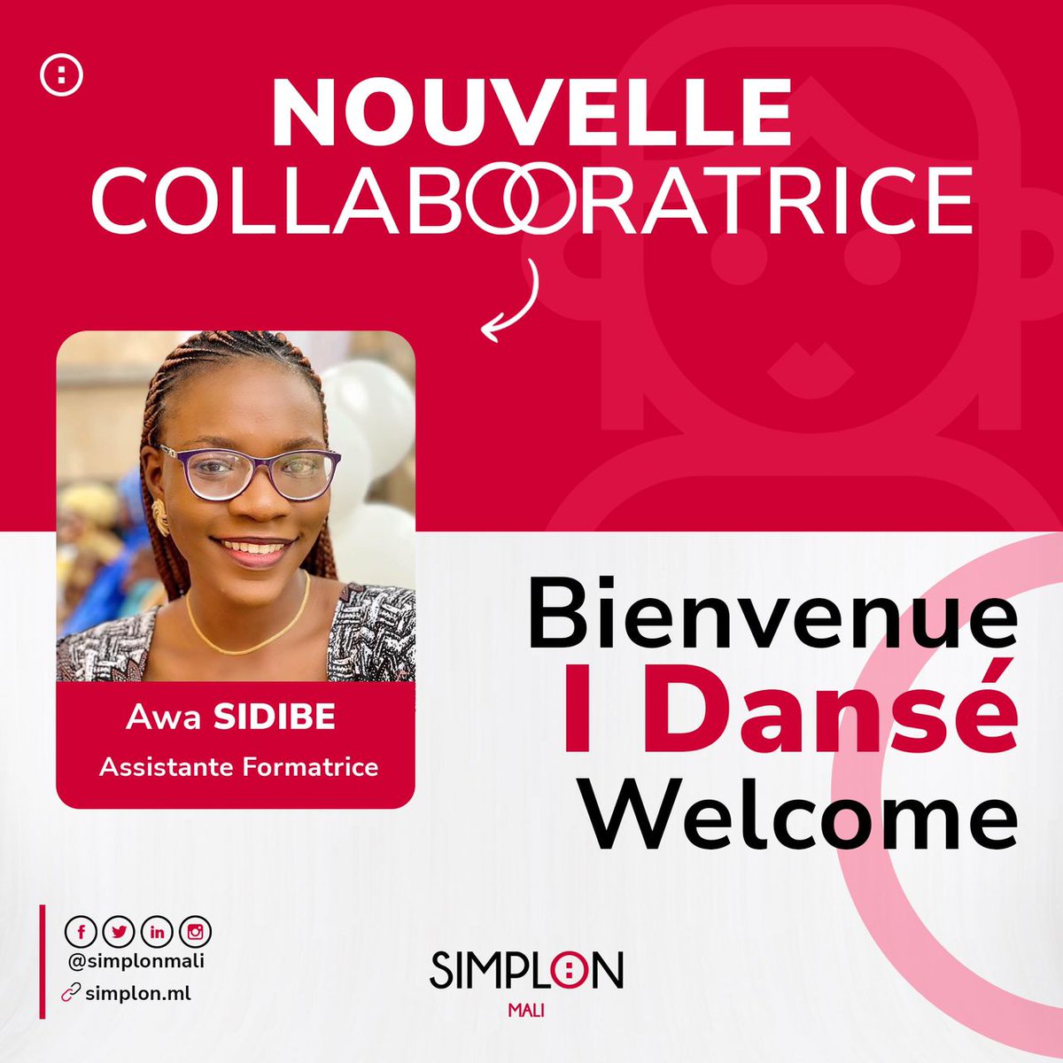 🌟 𝐁𝐢𝐞𝐧𝐯𝐞𝐧𝐮𝐞 𝐚̀ 𝐀𝐰𝐚 𝐒𝐈𝐃𝐈𝐁𝐄 ! 🌟 

Nous sommes heureux d'annoncer l'arrivée de notre nouvelle collègue, Awa Sidibé Fall, qui a rejoint notre équipe en tant qu'Assistante formatrice. Awa SIDIBE est alumnus de la promotion #01 Référent Digital de Simplon.
#Simplon