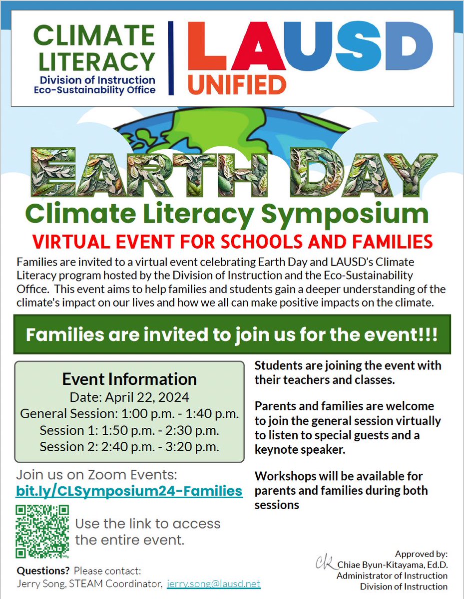 Teachers and families, join us on 🌎day, 4/22 to deepen your understanding of how the climate affects all of us and how students can take action to make a positive impact. #earthday . See flyer below for more details. ⁦⁦@LASchools⁩