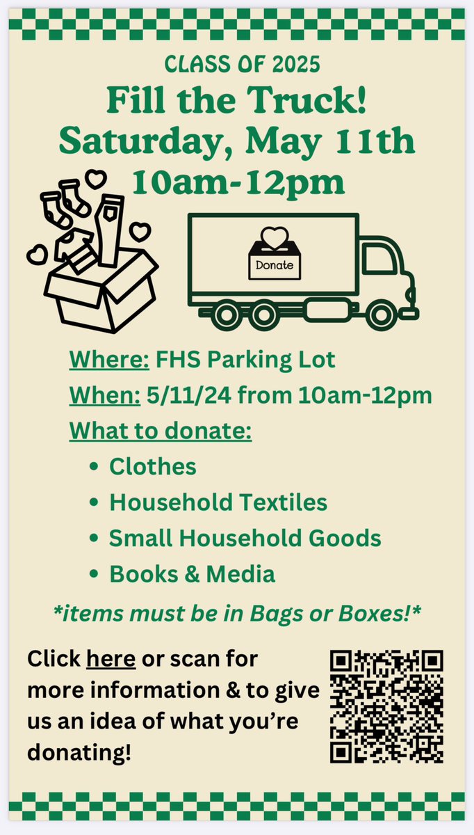 Spring cleaning anyone?! Bring your goods to our Fill The Truck Event on May 11th in support of the class of 2025!

Drop off is 10:00-12:00.