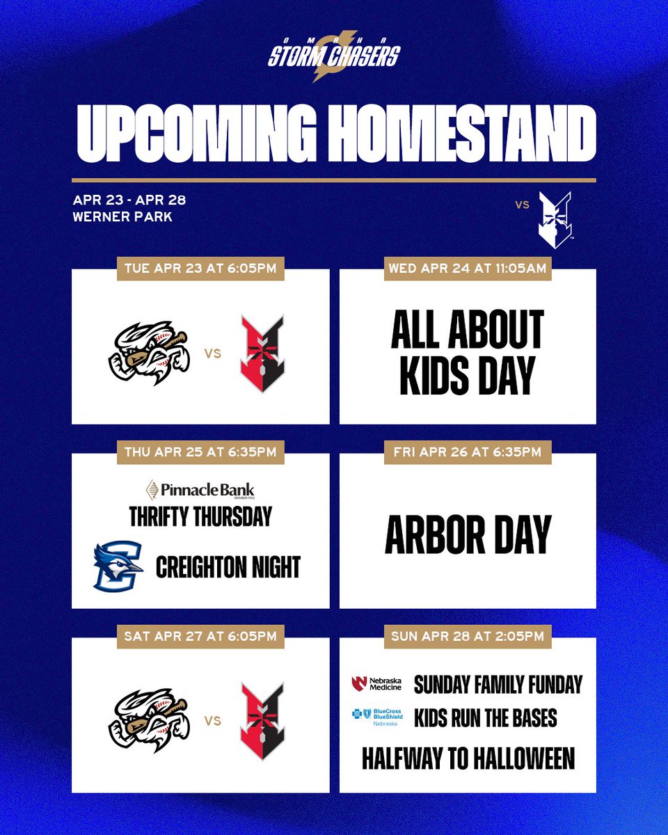 The boys are back home and ready to take on Indy 😤 Wednesday is a day game and All About Kids Day! Thursday is @pinnbank Thrifty Thursday and Creighton Night! Sunday is Halfway to Halloween, wear your favorite costume to the ballpark! 🎟️: bit.ly/3ZqQAje