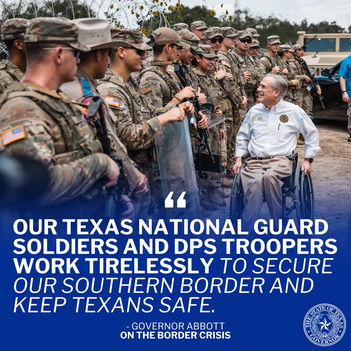 Our brave Texas National Guard soldiers and DPS troopers work day and night to protect our great state. @TxDPS @TXMilitary Thanks to them, Texas is holding the line.