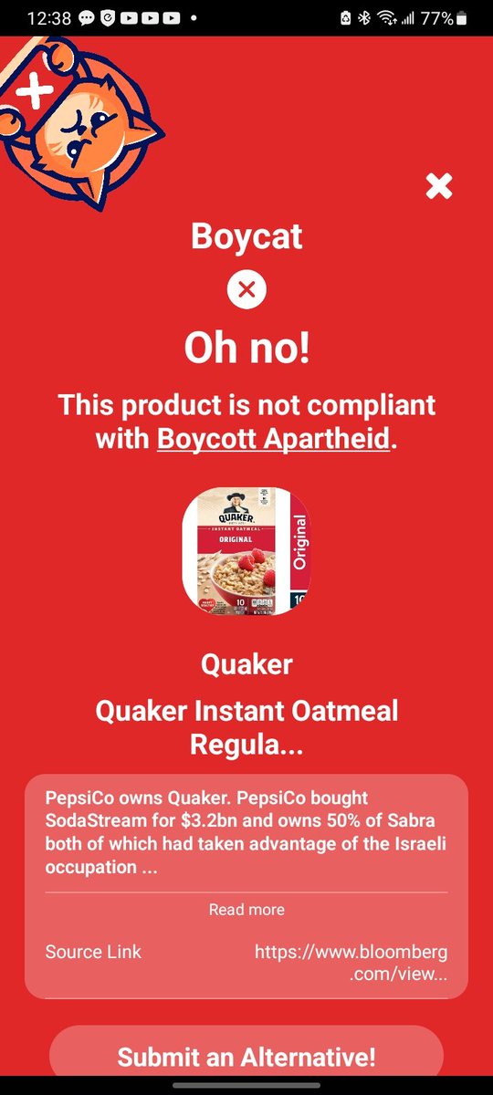 According to @boycatapp @Quaker also a no! Owned by @PepsiCo #BoycottApartheid