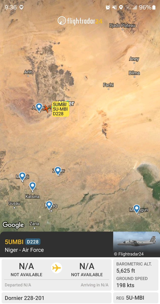 Borrowed7Time's tweet photo. Niger AF Dornier D228-201 5U-MBI #062F0F descending to Agadez from the northeast.
@Dinlas3 https://t.co/bAb1hEqHef