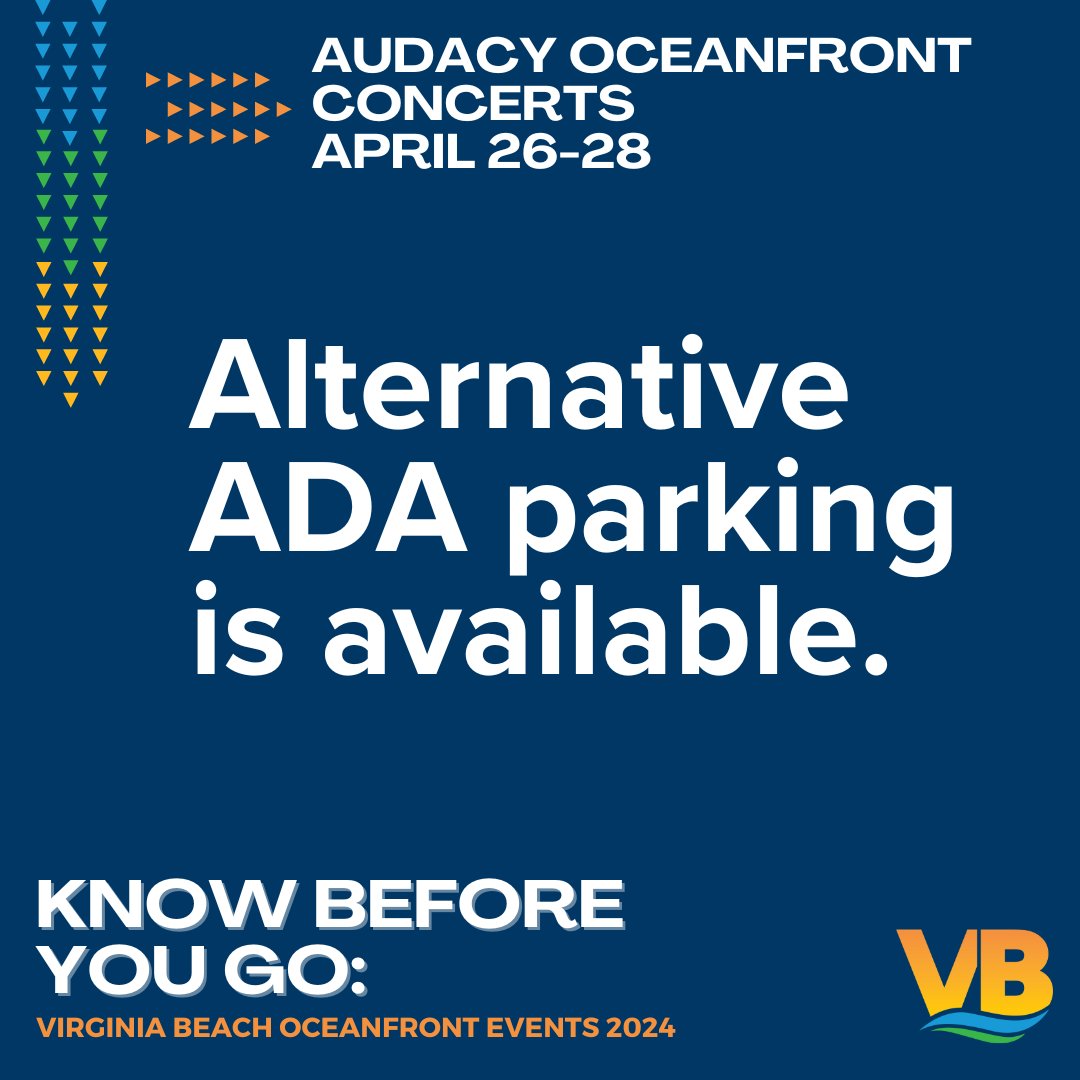 During Audacy Oceanfront Concerts, April 26 - 28, alternative ADA parking is available at designated spaces in the municipal parking lots & garages subject to the parking rate. For more event-related info: VirginiaBeach.gov/EventInfo