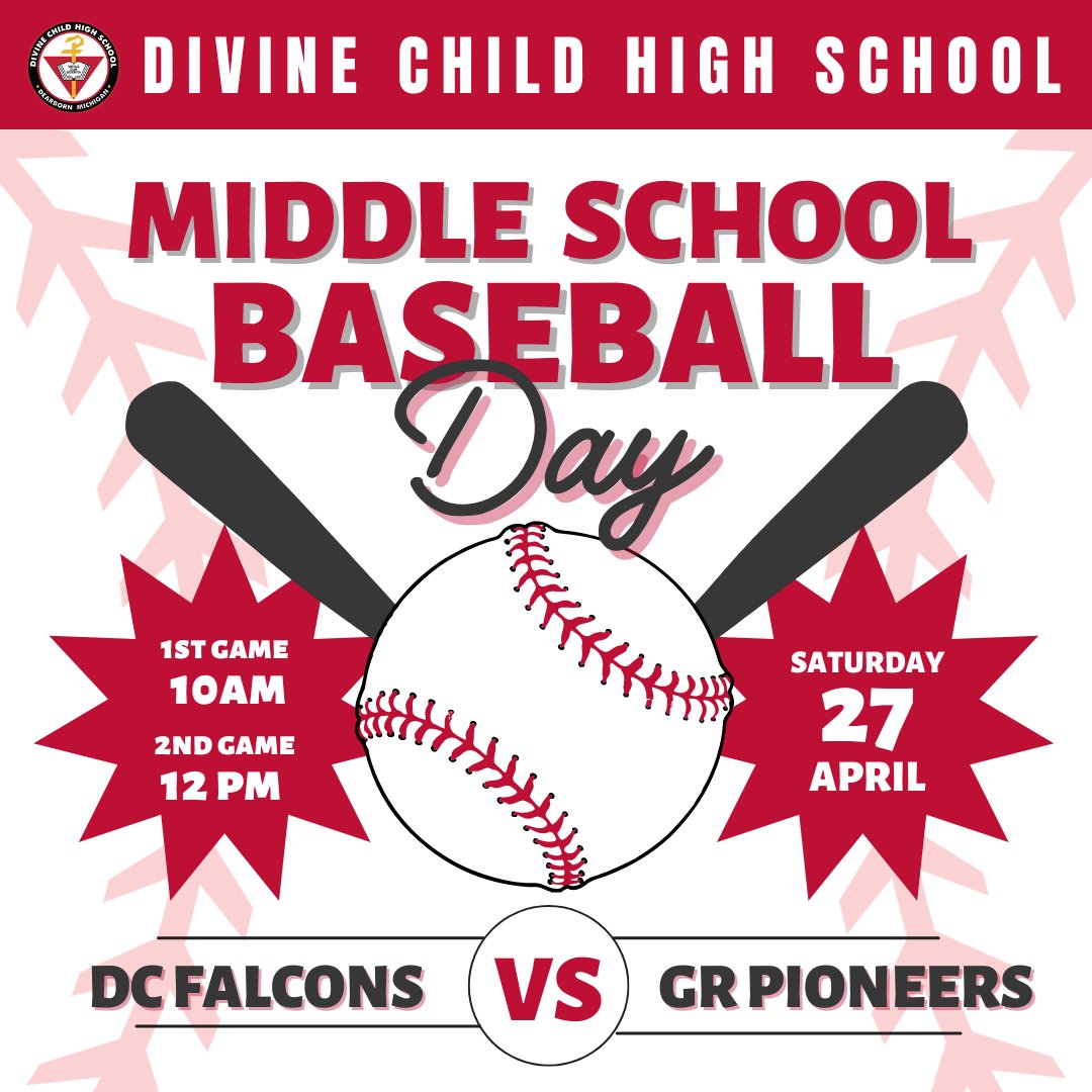 Calling all middle schoolers! ⚾️ You're invited to Divine Child High School's Middle School Baseball Day! 🌟 Swing by Levagood Park on Saturday, April 27 for games starting at 10AM and 12PM. We will have free food along with a contest and prizes, so don't miss out on the fun!