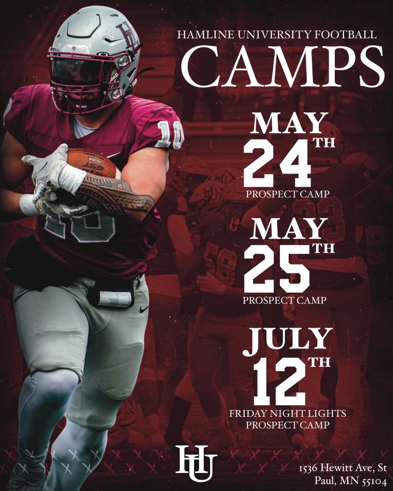 'Secure your spot at the Hamline Football Camp before it's too late! Spots are filling up fast, you don't want to miss out on this opportunity to hone your skills, take your game to the next level and showcase your talent!#footballcamp #signupnow' football.hamlinesportscamps.com