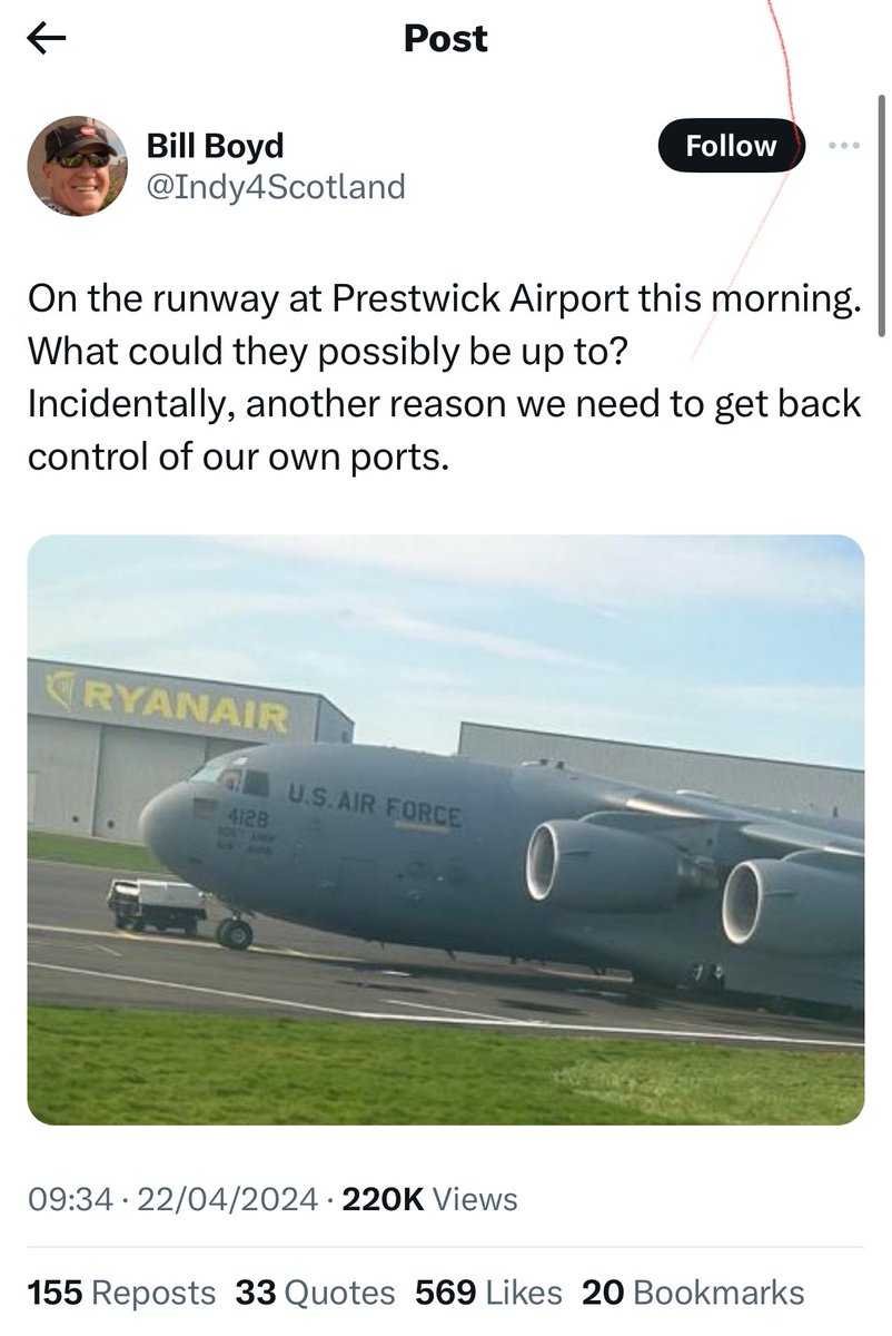 Today on twitter, guy gets angry because there’s an American plane sat at Prestwick Airport. Yes really.