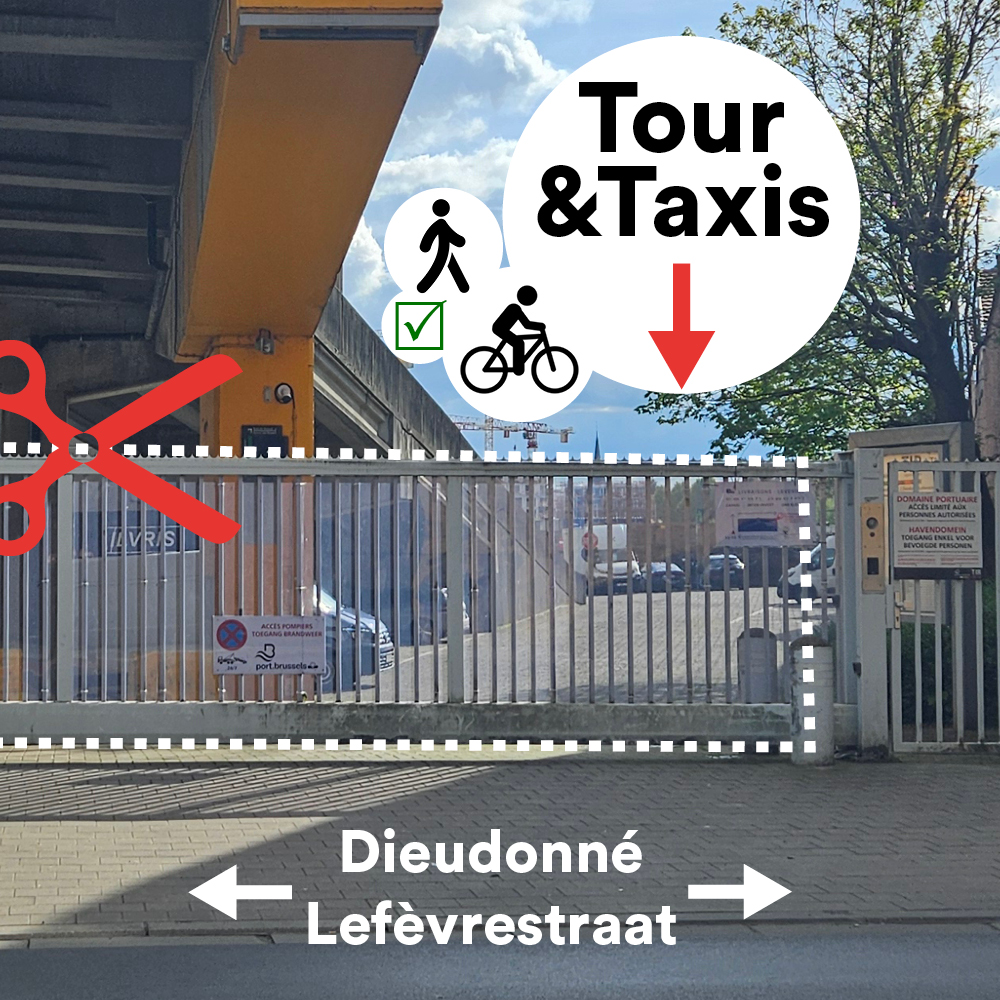 Brussel opent nieuwe toegang tussen BE-HERE & postcentrum van 06:00 tot 19:00 voor gemakkelijke toegang tot Tour & Taxis Park, met tijdelijk fietspad en toekomstige Maritiemdreef