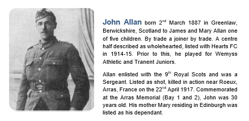 John Allan
9th Royal Scots
Killed this day 1917 France
Footballer Hearts, Wemyss Athletic, Tranent Juniors