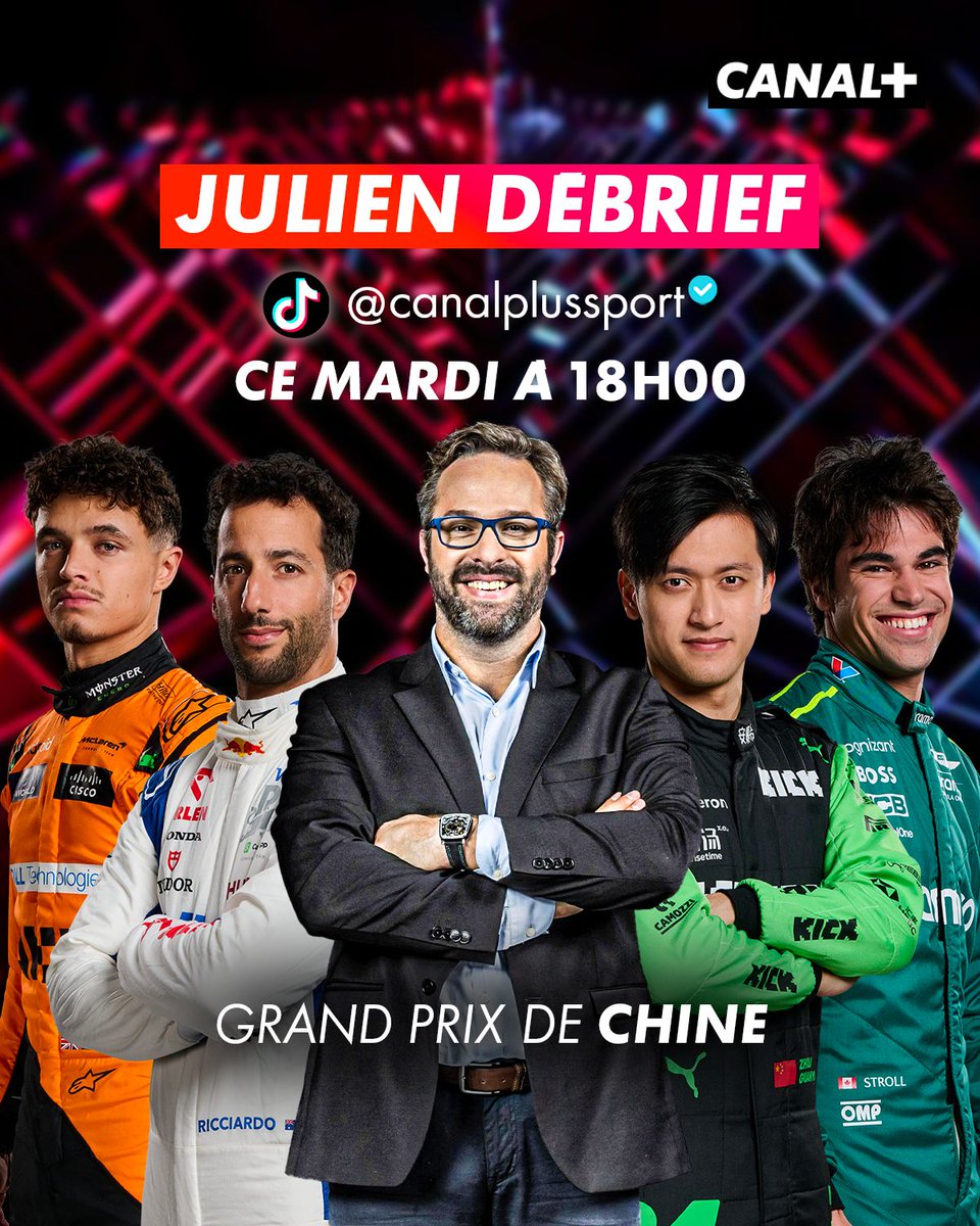 Julien_FEBREAU's tweet photo. 💥ALERTE DEBRIEF F1💥

Je vous retrouve CE MARDI dès 18h sur le compte #TikTok @CanalplusSport pour #JulienDebrief suite à ce Grand Prix de Chine !! 🏎️🇨🇳🏁

On se retrouve en LIVE et en VIDÉO pour vos réactions et vos questions !! 🗣️📹📱
 
#RDVau1erVirage #ChineseGP https://t.co/fKtXG8QDWD