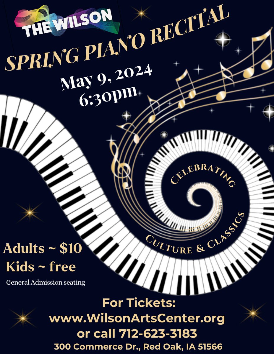 WilsonPerfArts's tweet photo. Join us May 9 at 6:30pm for our Spring Piano Recital. Our talented students will be showcasing their skills and love of music in a celebration of culture and classics. Tickets are $10 for adults and kids get in free: https://t.co/JixxgRj1gs or call 712-623-3183. #piano #recital https://t.co/60PiYV9X36