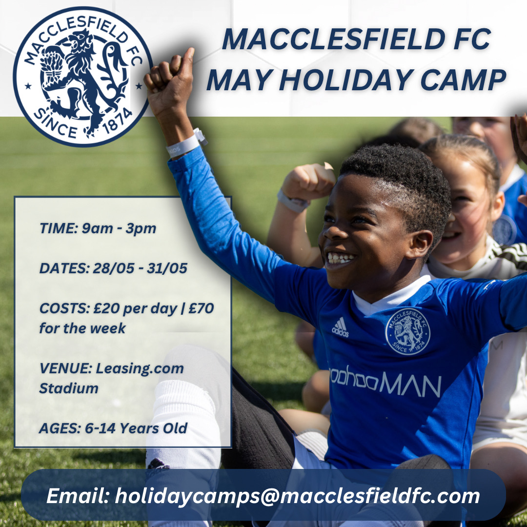 Macclesfield FC May Holiday Camp ⚽️ Join us for four days of Non-Stop footballing fun. Book you spot today ⬇️ square.link/u/kc2W99NS