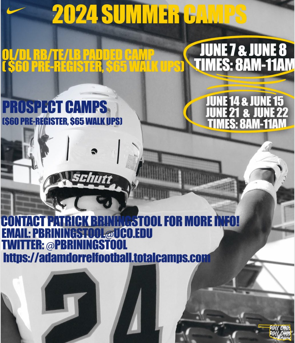 We got 6 opportunities this summer for you to showcase your skills in front of our staff! Come get evaluated by our great staff and see what UCO and Edmond have to offer! Link: adamdorrelfootball.totalcamps.com