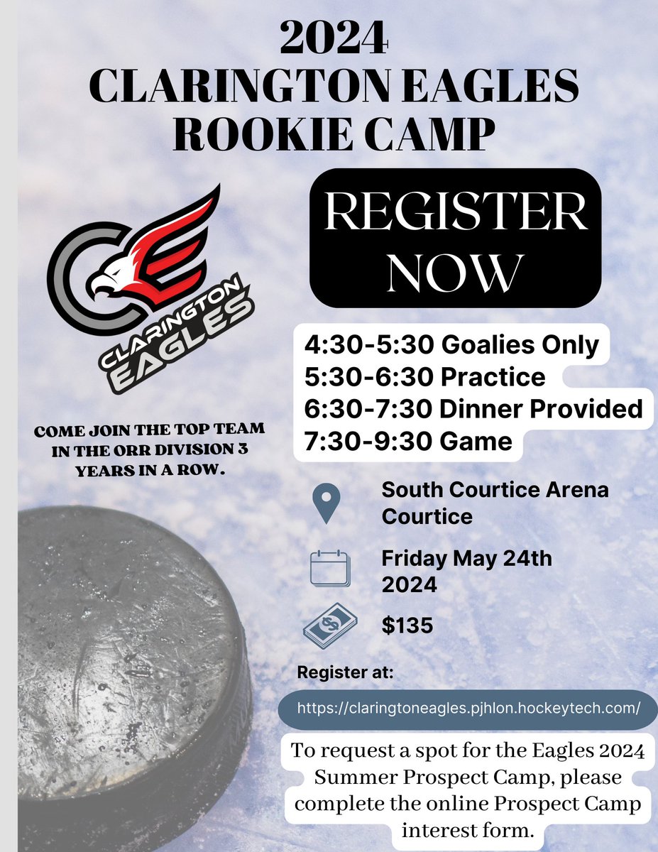 Eagles Rookie Camp 

Friday May 24 

South Courtice Arena

135$ per skater 

Spots limited sign up online.

👊

claringtoneagles.pjhlon.hockeytech.com/prospect-playe…

There is no need to resubmit the prospect form if you have already filled it out this past year, we will be in touch.