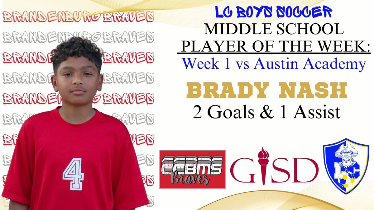It’s time to catch y’all up on our Future Patriots!

Week 1 Middle School Players of the Week

@LMS_Lumberjacks Player of the Week:
Josue Sanchez 1⚽️

@CCBMS_Braves Player of the Week:
Brady Nash 2⚽️& 1🅰️

Proud of these boys!
#WeAreLC #LockIn 
@coachfletch85 @CoachTabSanders