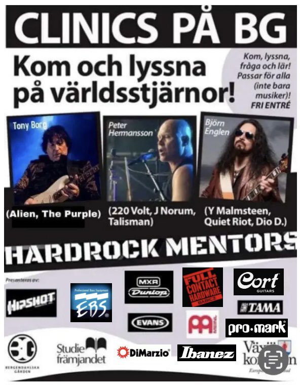 BjornEnglen's tweet photo. CLINIC &amp; SHOWS SWEDEN
- 9 MAY Clinic in Växjö
(w/ HardRock Mentors 18:30
- 11 MAY Jam in Växjö
(Guest Jam with Wishing Well at Flying Eagle Wear 13:00. Band starts 11:00)
- 17 MAY Bass Clinic in Mariefred, 17:00
- 18 MAY Bass Clinic in Kristinehamn 17:00 &amp; Konsert 21:00 https://t.co/mK6H6cf9k2