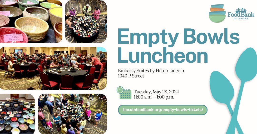 Don’t forget to join us for the 22nd annual Empty Bowl Luncheon at Embassy Suites by Hilton Lincoln (1040 P Street) in downtown Lincoln. Ticketholders will enjoy soup from local chefs and select a handmade stoneware bowl from Down Under Pottery.