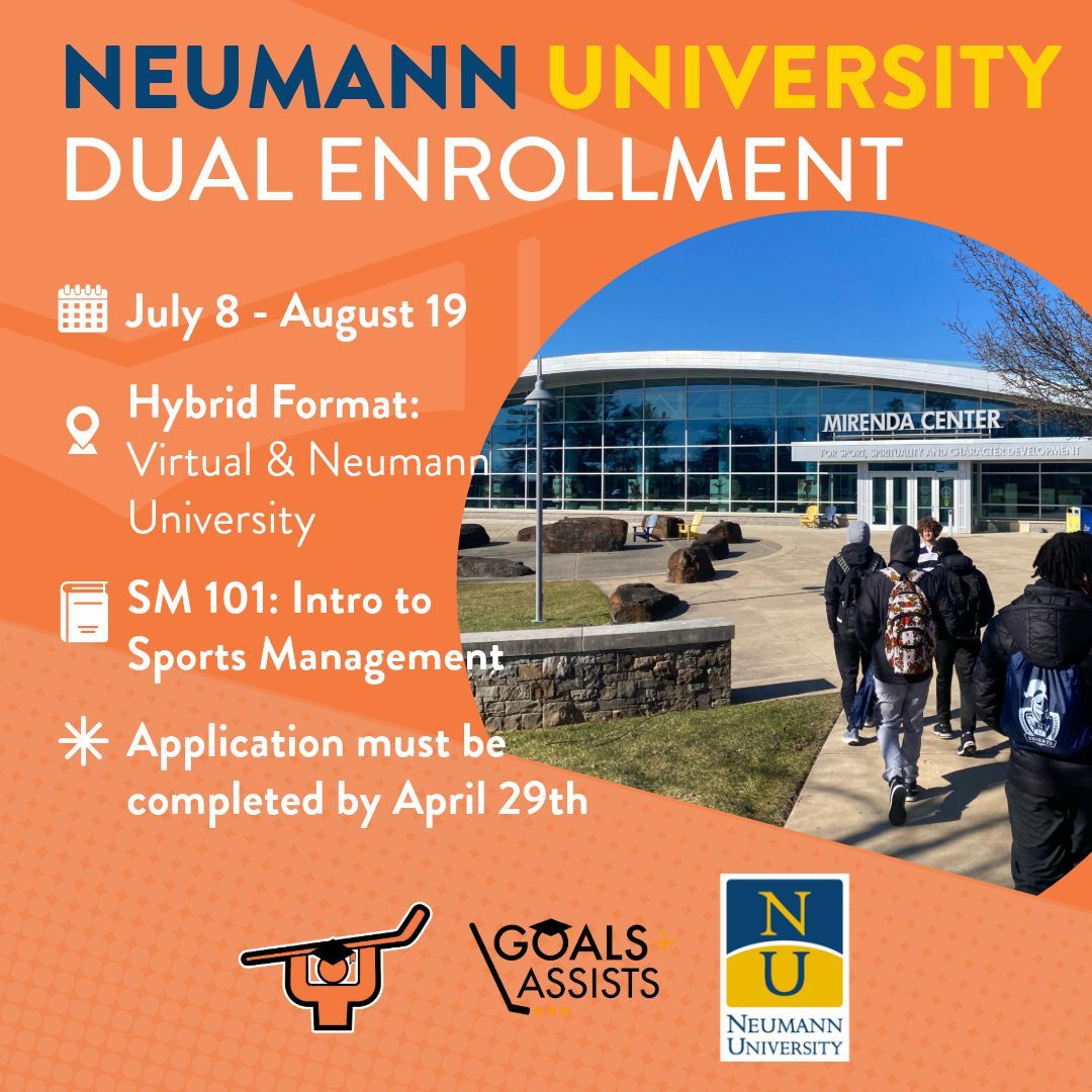 Students in the Goals & Assists Program have the opportunity to dual enroll in the @NeumannUniv course, Intro to Sports Management! Applications must be completed by April 29th to enroll. To fill out the application, contact Sarah Quayle at squayle@sniderhockey.org.