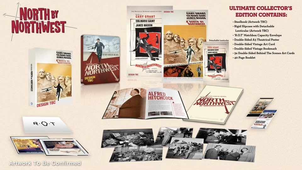 North by Northwest Ultimate Collector’s Edition 4K Ultra HD Steelbook All Artwork Subject To Change” Features In-Pack: Film on 4K Ultra HD and Blu-Ray Steelbook (Artwork TBC) Rigid Slipcase with Detachable Lenticular (Artwork TBC) Matchbox Capacity Envelope Paper Premiums: A3…