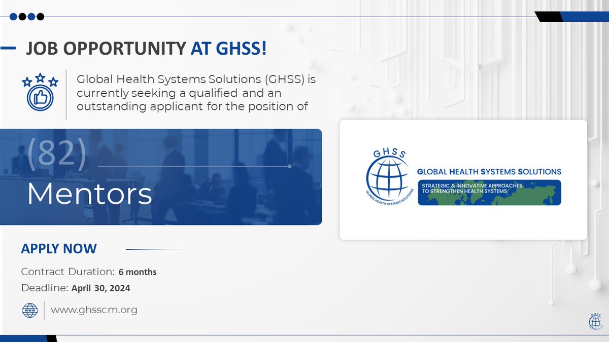 WE ARE HIRING!

Position: Mentors

Deadline: April 30, 2024

Read More and Apply: ghsscm.org/job/mentors-82/

#JobOpportunities #NGOJobs #EmploymentOpportunities #OpportunitiesatGHSS