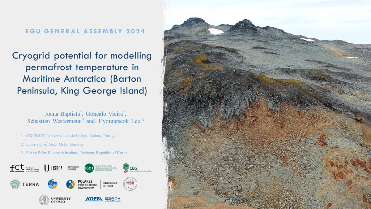 THAWIMPACT's tweet photo. PhD student Joana Baptista (IGOT-ULisboa), supported by POLAR2E, participated in the @EuroGeosciences General Assembly held in Vienna, where she presented the "Cryogrid potential for modelling permafrost temperature in Maritime Antarctica (Barton Peninsula, King George Island)". https://t.co/yF9QXhtlaC