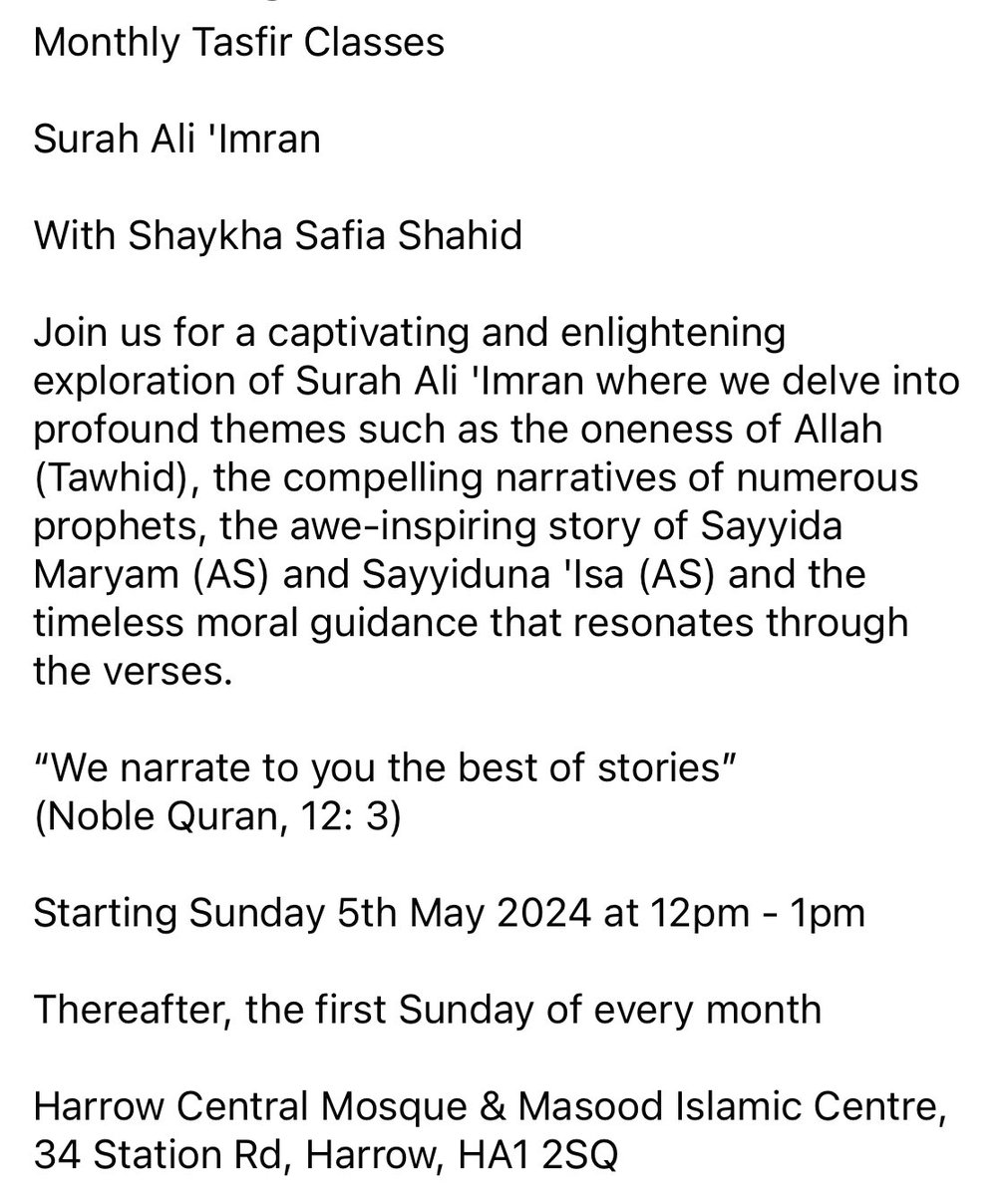 safia_shahid's tweet photo. Monthly Tasfir Classes 

Surah Ali 'Imran

With Shaykha Safia Shahid

Join us for a captivating and enlightening exploration of Surah Ali 'Imran where we delve into profound themes such as the oneness of Allah (Tawhid), the compelling narratives of numerous prophets… https://t.co/cHaoncgCZM