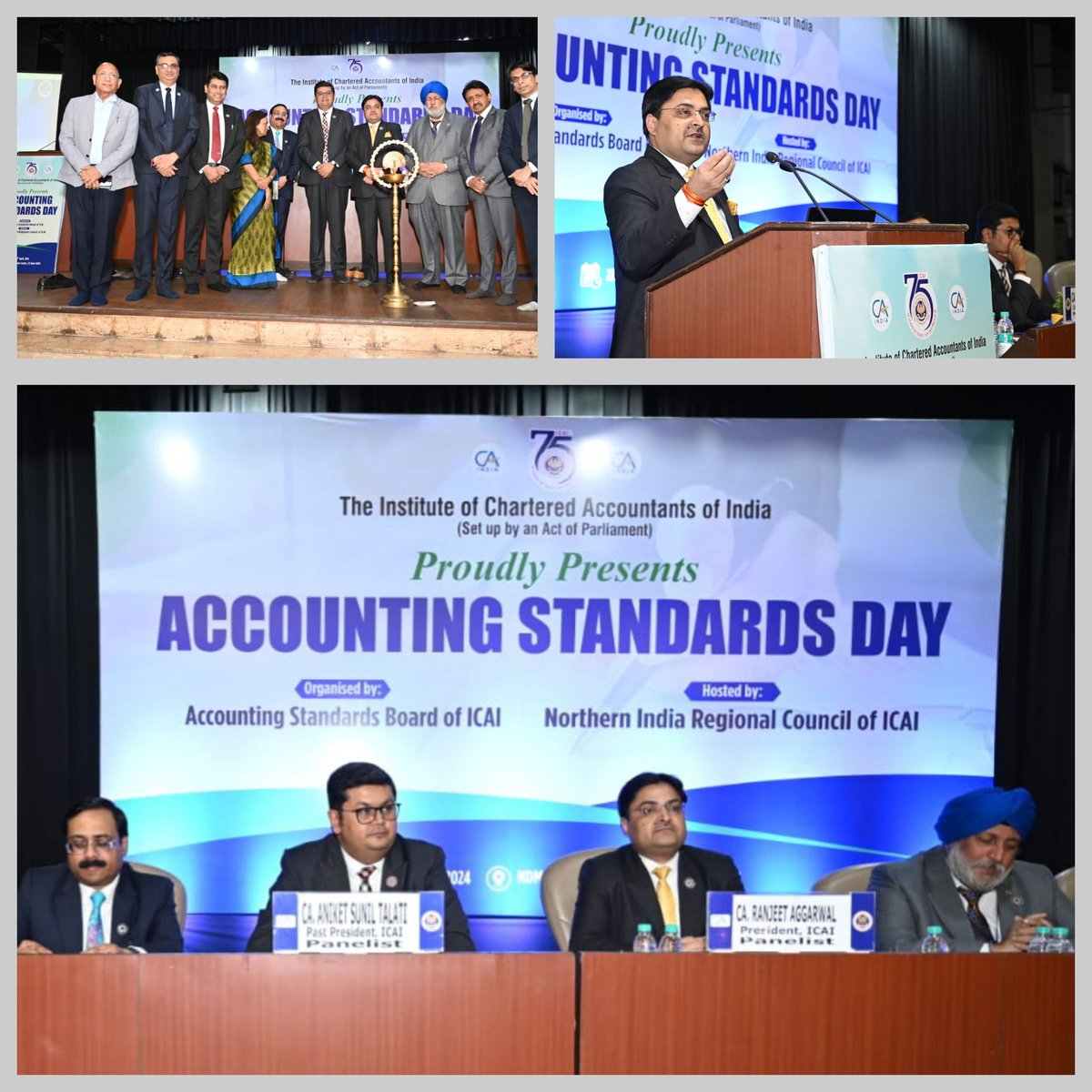 theicai's tweet photo. CA. Ranjeet K. Agarwal, President &amp; CA. Charanjot S. Nanda, Vice President with CCMs &amp; NIRC Members celebrated 2nd #AccountingStandards Day organized by ASB-ICAI at New Delhi on 22.04.2024 wherein relevant discussions were held on contemporary #Accounting Issues. #ASDay #ICAIat75 https://t.co/3mM4kCYBIX