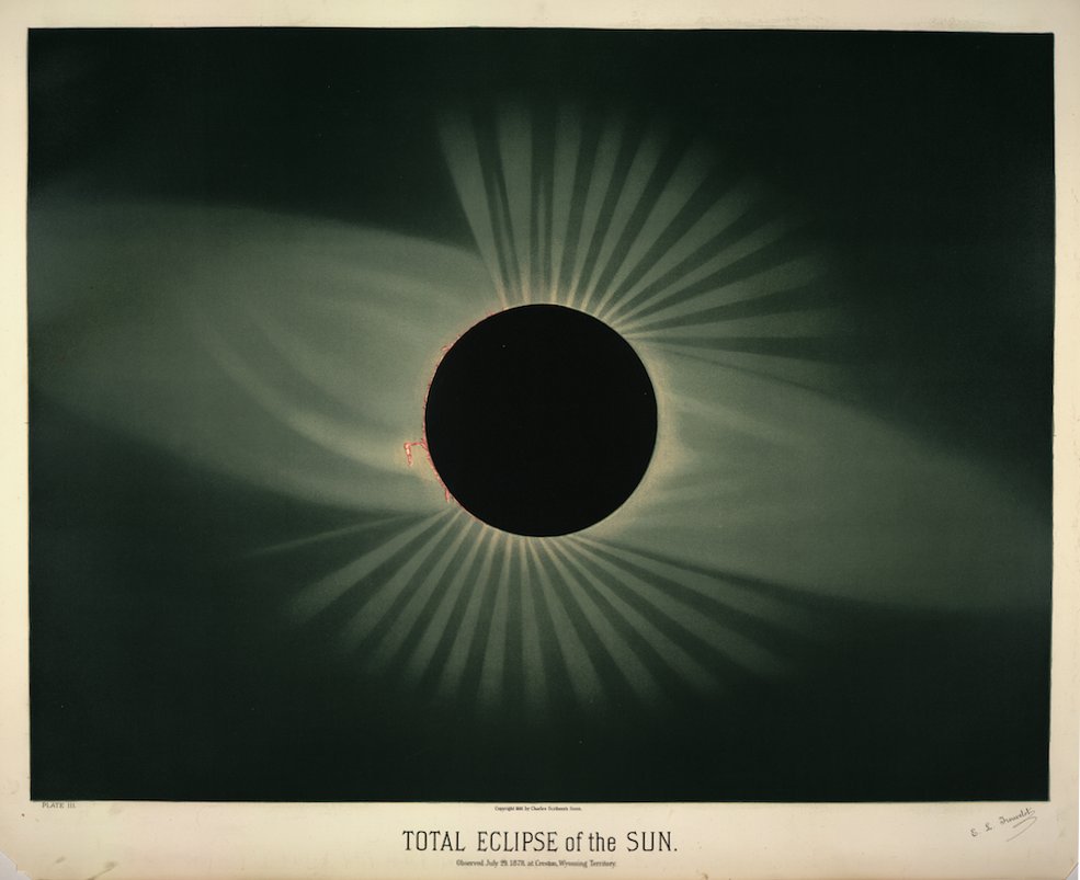 Total Eclipse of the Sun, 1882. Chromolithograph after a pastel drawing by astronomer, artist, and amateur entomologist Étienne Léopold Trouvelot, who died on this day in 1895. More on his life and stunning astronomical art here: buff.ly/2ENtY5g