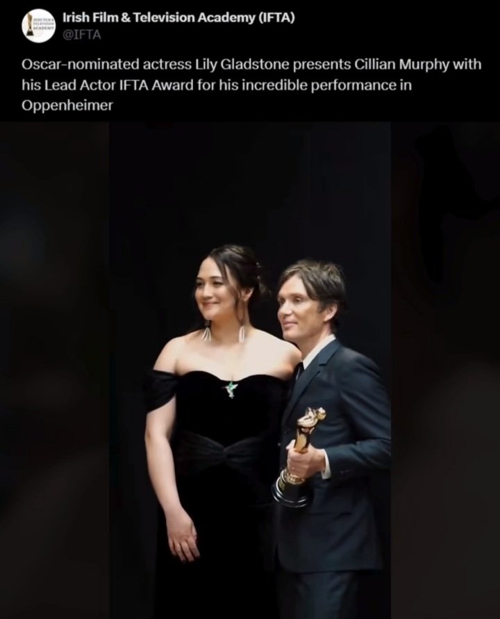 Lily Gladstone attended the Irish Film & Television Academy Awards on April 19, 2024. She presented the Lead Actor Award to Cillian Murphy 

(📷 credit: IFTA Academy, Irish Independent, RTÉ News)

#LilyGladstone 
#IFTAAwards
