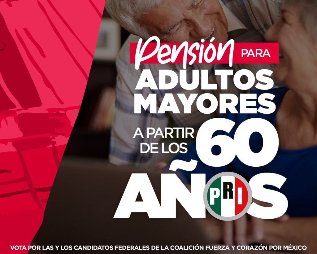 PRI_Nacional's tweet photo. ¡Los programas sociales se quedan y se fortalecen!

Con el PRI, los adultos mayores recibirán su pensión a partir de los 60 años.

#VotaPRI ✅ https://t.co/afyq9UFBy8