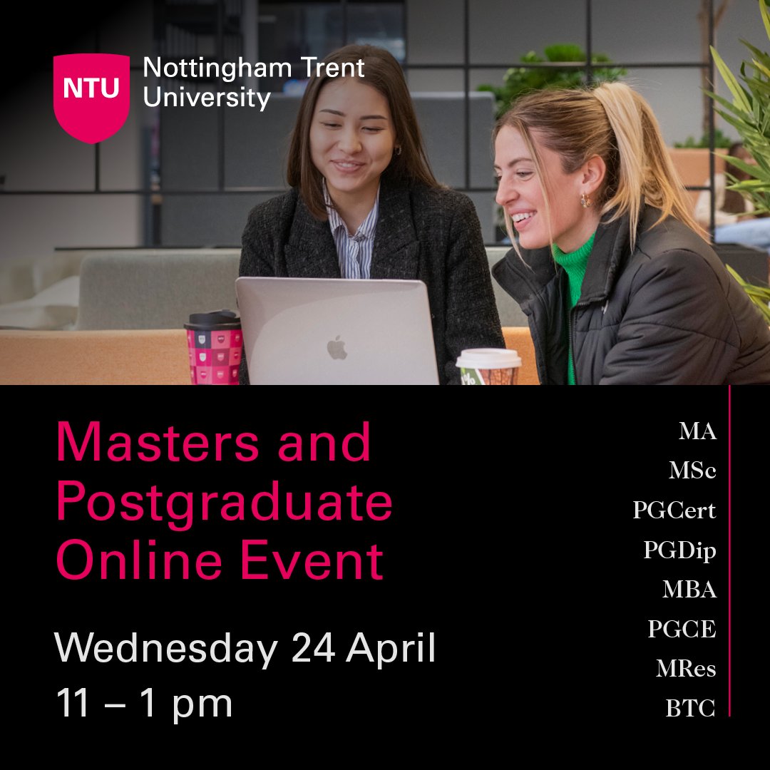 Our Masters and postgraduate online event will be live on Wednesday 24 April 2024, with sessions scheduled between 11 am and 12 pm for international students and 12 pm and 1 pm for UK students. Book your place here: ntu.ac.uk/study-and-cour…