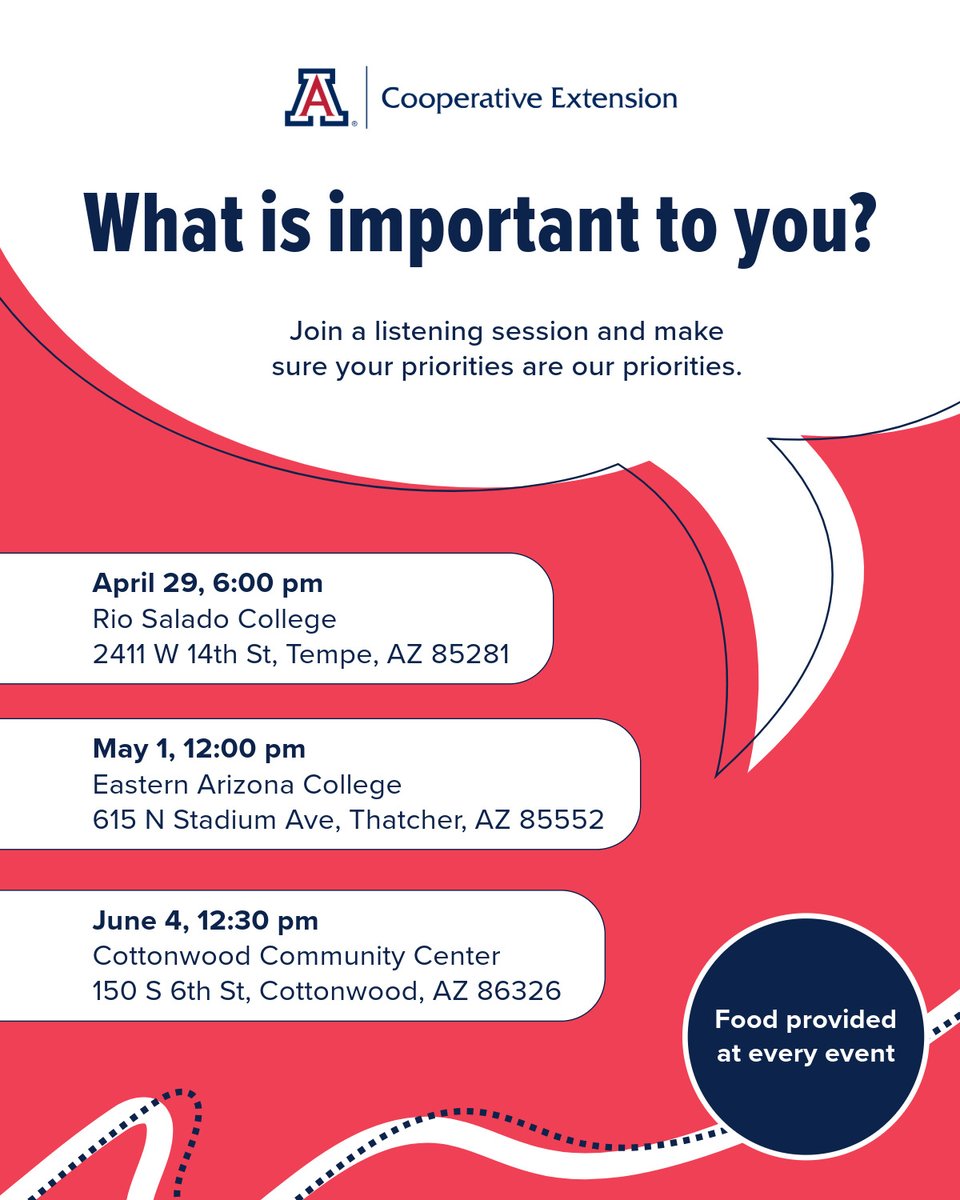 Share your priorities at our public listening sessions! Register at extension.arizona.edu/ace-strategic-… April 29, 6:00 pm Rio Salado College 2411 W 14th St, Tempe, AZ May 1, 12:00 pm Eastern Arizona College 615 N Stadium Ave, Thatcher,AZ