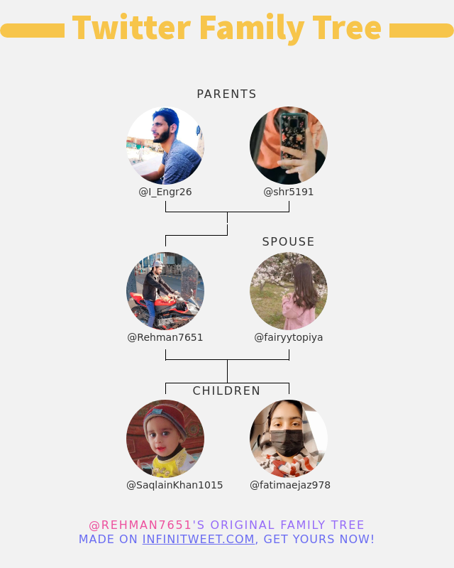👨‍👩‍👧‍👦 My Twitter Family: 👫 Parents: @I_Engr26 @shr5191 👰 Spouse: @fairyytopiya 👶 Children: @SaqlainKhan1015 @fatimaejaz978 ➡️ infinitytweet.me/family-tree