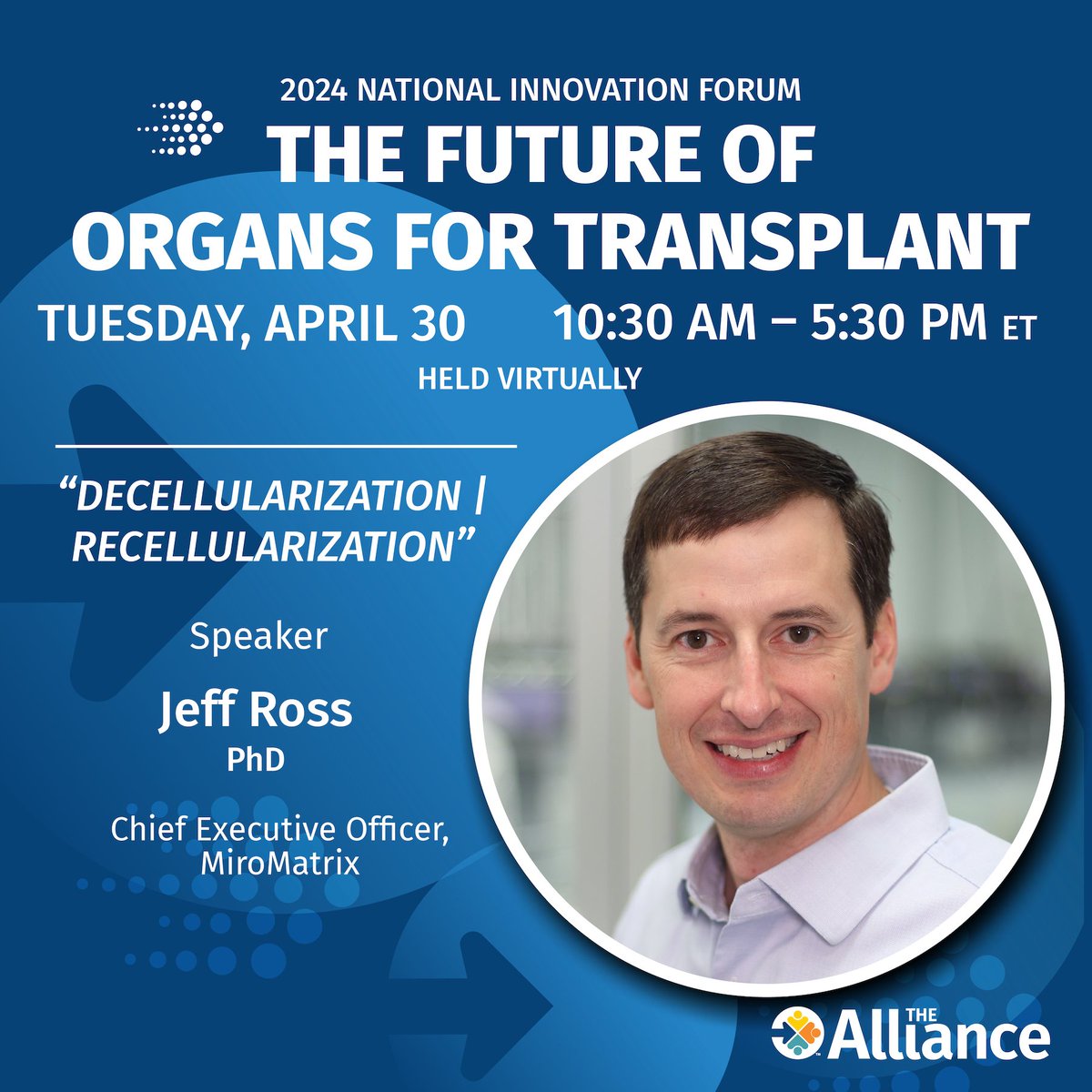 Join our virtual National Innovation Forum on April 30 to hear from renowned experts like Dr. Jeff Ross, CEO of Miromatrix, as he discusses the latest in #Decellularization and #Recellularization of organs and tissues. Register now: bit.ly/3vRPp3d