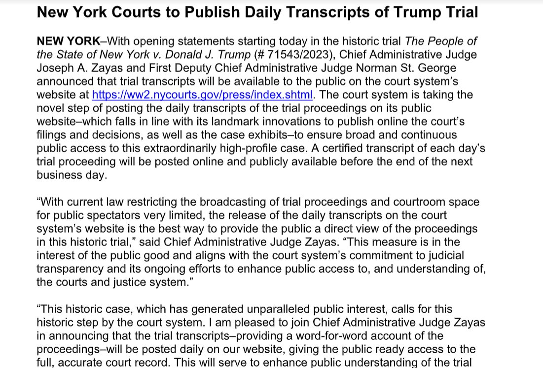 NEW: NY Courts will release daily transcripts of Donald Trump's criminal trial.