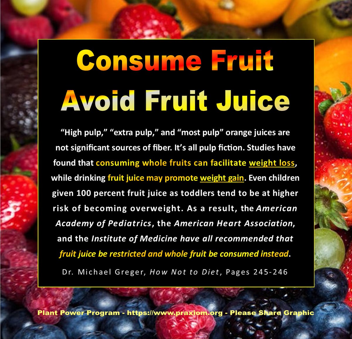 All my Plant Power Infographics are free, shareable, and based on the best available scientific evidence. To order your free resource materials, please go to praxiom.org/free.htm #fruit #juice #weightloss #weightgain #WFPB #plantbased #nutrition #food #science #sciencenews