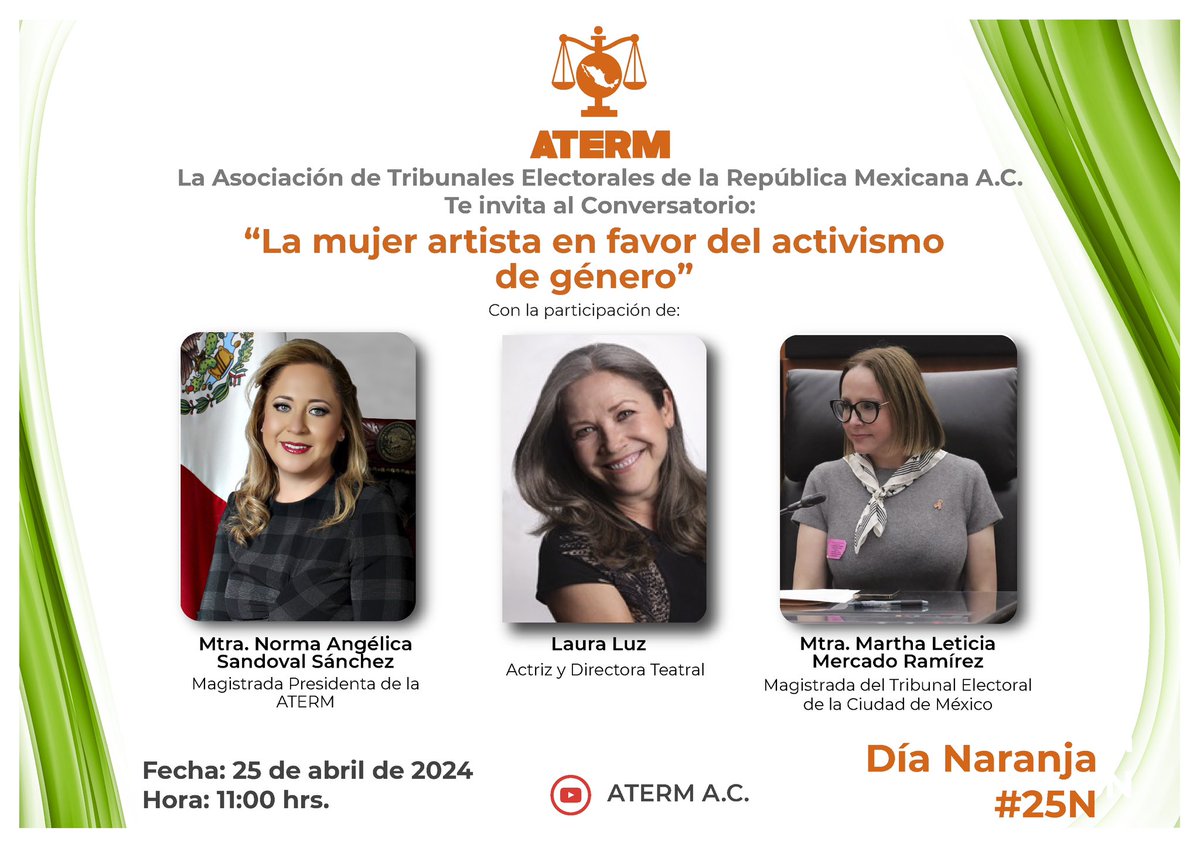 En el marco del #DíaNaranja te invitamos al conversatorio “La mujer artista en favor del activismo de género'', con la participación de:

•Mgda. @MarthaMercadoRm 
•@lauraluzoficial, Actriz y Directora Teatral
•Mgda. Pdta. @NormAngelik 

🗓️ 25 abril
🕚 11:00 hrs 
#YouTube ATERM