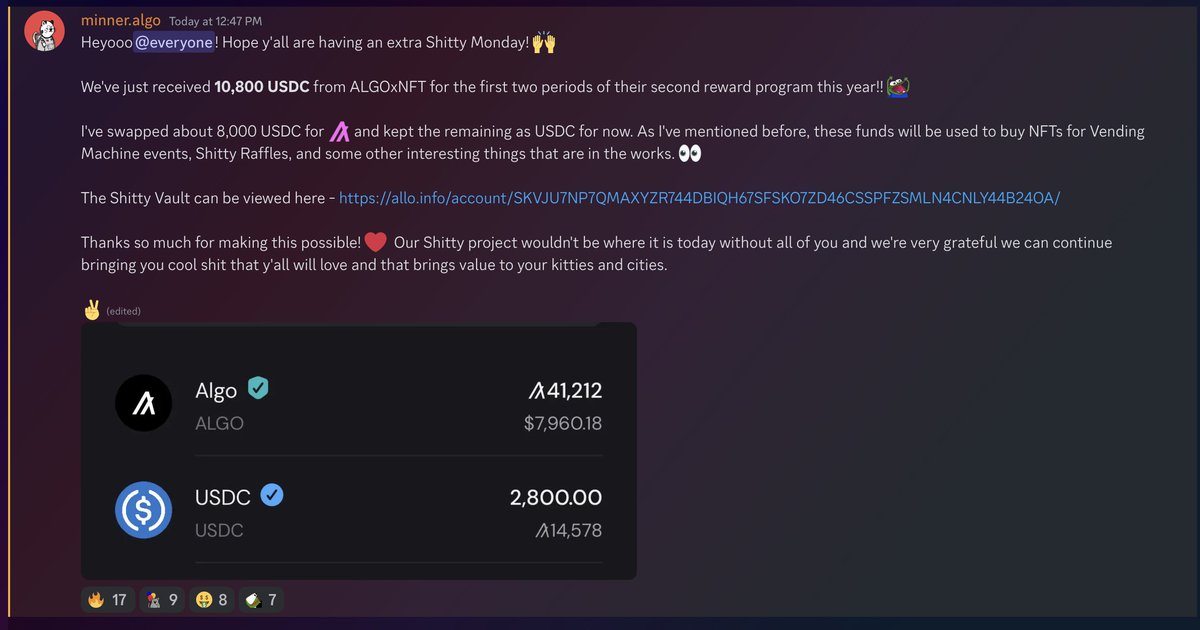 Thanks so much, #algofam and @ALGOxNFT! ❤️ Just received our $USDC for winning two reward periods! #AlgorandNFTs #Algorand