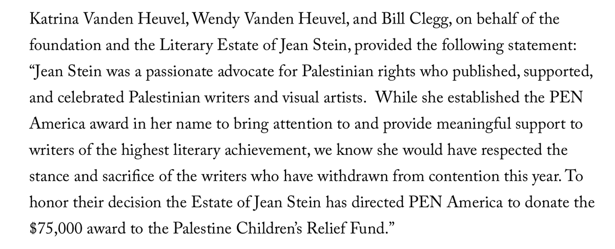 proud, inspired. thank you to all the authors who withdrew their work, to the PEN staff who supported our action, to the writers who withdrew from the WVF and charted a path forward, to Jean Stein for saying what PEN America refuses to––Gaza will be free lithub.com/the-pen-americ…