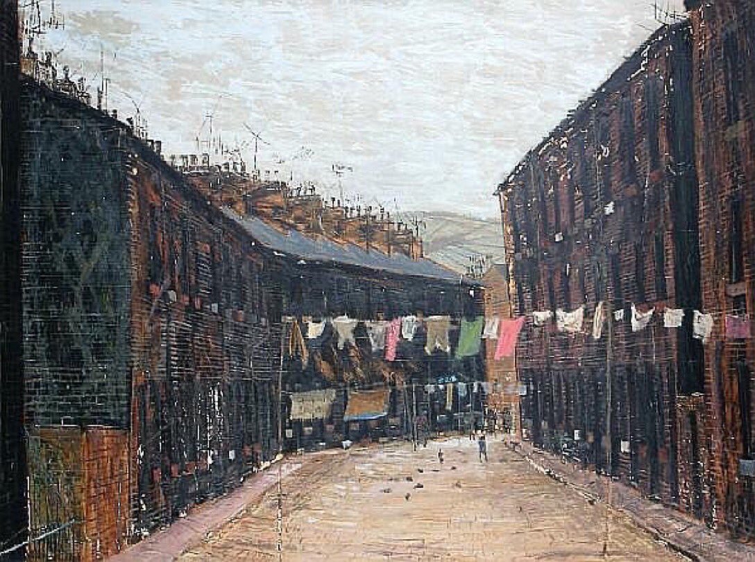 ‘Washing on a Terraced Street, Sowerby Bridge’, one of Peter Brook’s best known early works, portrays the town’s Chapel Street on a Monday, the multi-coloured lines of laundry contrasting with the soot-blackened houses and bringing the painting to life. (Sold by Bonhams in 2009)