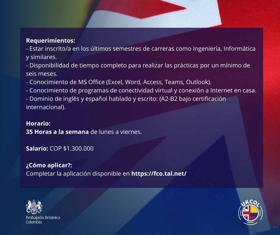 📣 ¡Buscamos practicante! Necesitamos una persona que apoye al equipo de Servicios Corporativos y brinde soporte técnico 💻 a la Embajada 🇬🇧 en Bogotá🇨🇴. Postúlate hasta el 2 de mayo y trabaja con nosotros en un ambiente internacional #UKCOL. Ingresa a👉🏽 fco.tal.net/vx/lang-en-GB/…