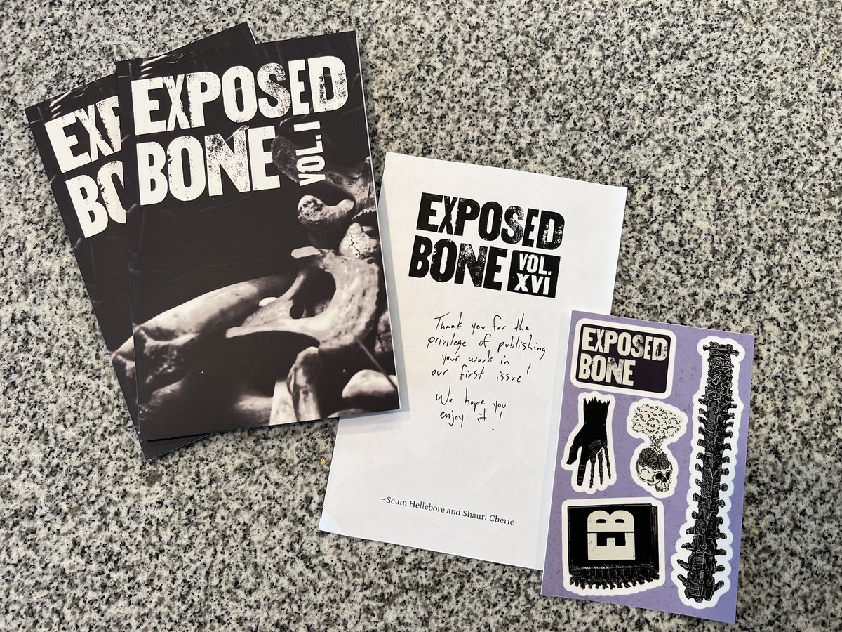 My copy of @bone_exposed Volume I arrived today—and cool stickers! I can’t wait to dive into this collection and read all of the other pieces. I’m thrilled and honored to have my horror short “Memento” be a part of this first issue. 🖤 🦴 #bone #exposedbone #horror #memento