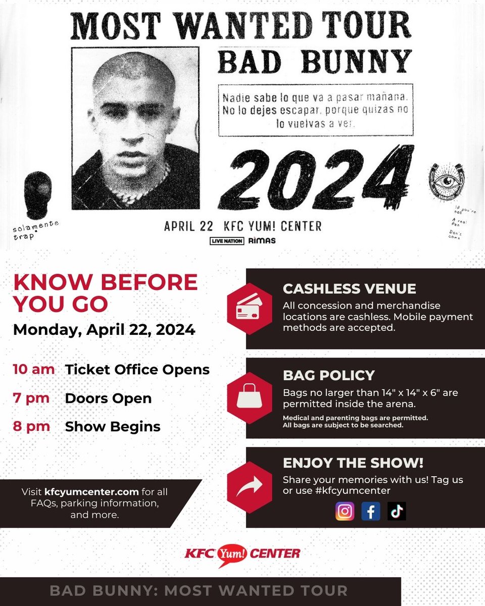 Ready to have the time of our lives with Bad Bunny tonight! Know before you go! 💃🕺 ¡Listos para pasar el mejor momento de nuestras vidas con Bad Bunny esta noche! ¡Infórmate antes de ir! ℹ️: bit.ly/BBEspanolYumIn… 🎟️: bit.ly/BadBunnyYum24