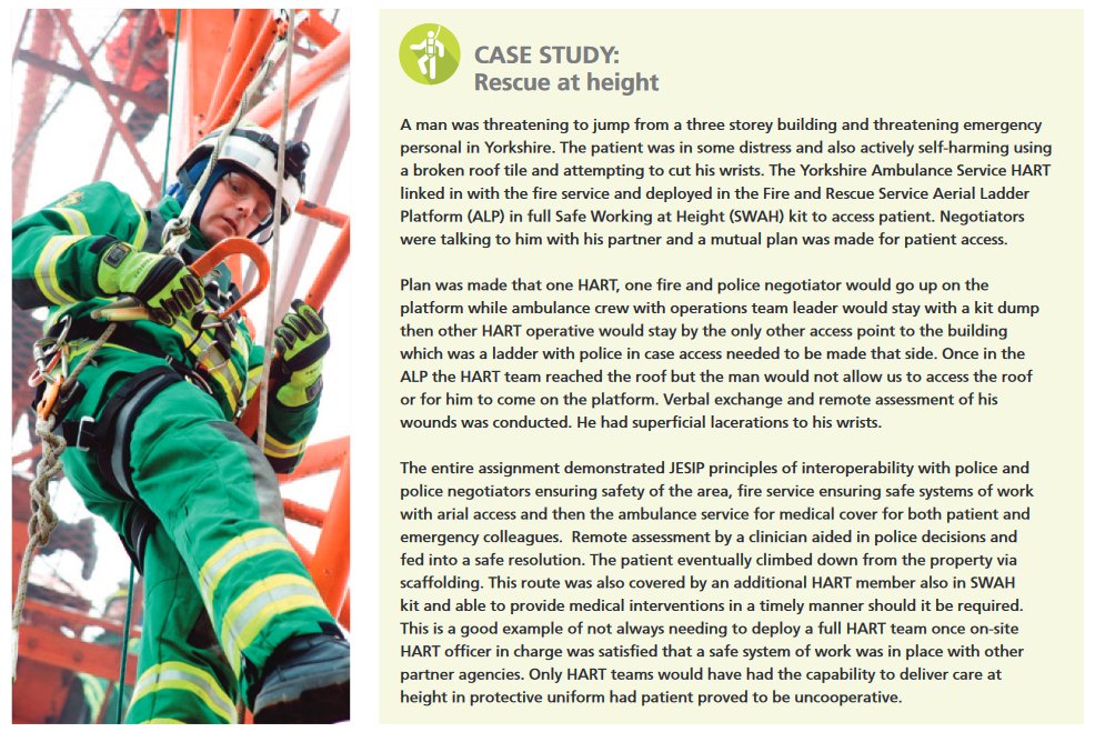 Case Study - #UKHART Rescue at Height: A man was threatening to jump from a 3 storey building and also threatening emergency personnel. @YorkshireHart linked in with the #FRS service and deployed in their Service Aerial Ladder Platform in full #SWAH kit to access the patient⏬