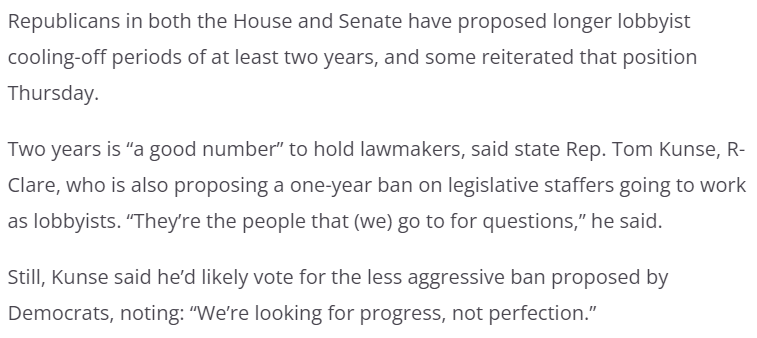 Can't resist the urge to correct the record here. The House bill being referenced with a 'longer lobbyist cooling-off period[]' (2023 HB 4270) is a verbatim reintroduction of @LPohutsky19's bill from last session (2021 HB 4687), which passed the House by a vote of 93-16. #MILeg
